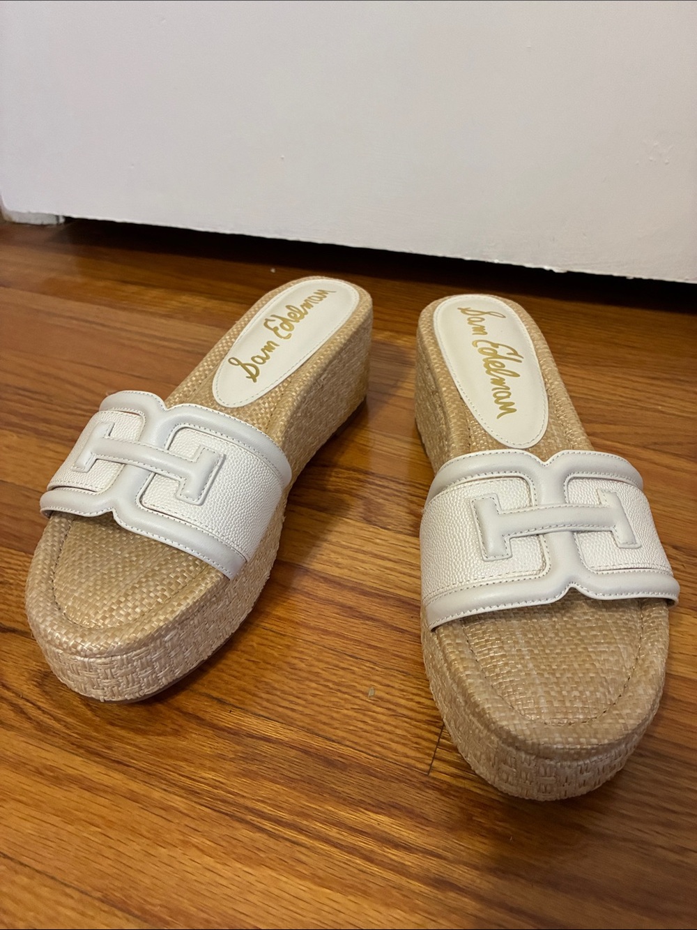 Sam Edelman White Leather Espadrille Woven Platform Slide Sandals